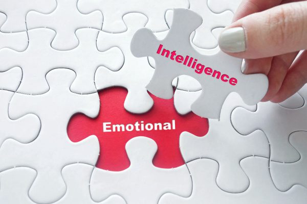 white puzzle pieces over a red background with one white piece having Intelligence written on it and the red space where it goes stating Emotional