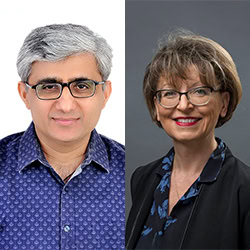 Bajaj and Mook headshot photos side by side, grey haired male wearing a button up shirt on the left side and woman with short dark hair on the right side wearing a button up shirt and blazer