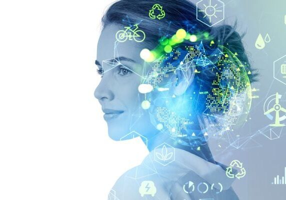 woman with an overlay of various icons in neon blue and green