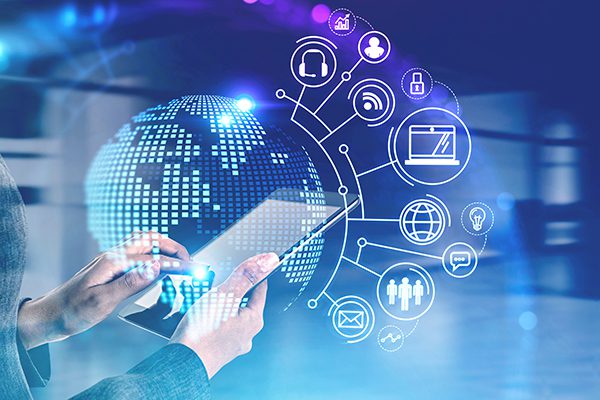 person holding a tablet with an overlay of a globe and many connected icons