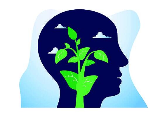 simple clipart style of head with clouds and plant growing within the head