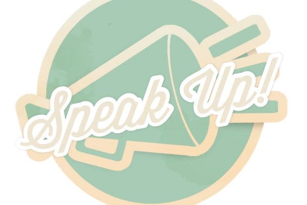 speak up stylized graphic with loudspeaker behind words