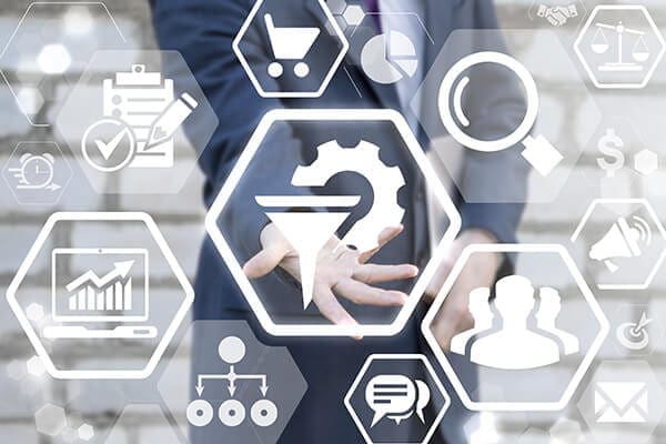 man behind transparent screen indicating a highlighted icon of a funnel or filter and gear icon