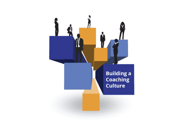 Illustration of silhouetted businesspeople standing on blue and yellow blocks with the text "Building a Coaching Culture."
