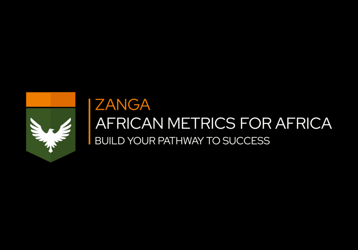 Zanga logo featuring an orange and green shield with a white eagle icon on the left, alongside the text 'Zanga African Metrics for Africa – Build Your Pathway to Success' on a black background.