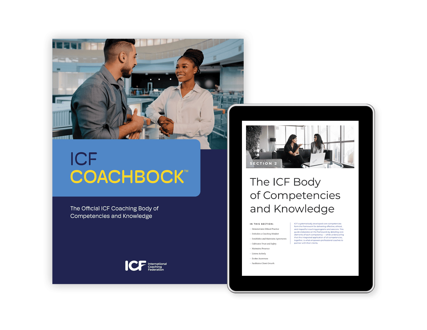Cover of the ICF Coaching Body of Competencies and Knowledge (COACHBOCK) featuring two professionals talking, alongside a tablet displaying the ICF Body of Competencies and Knowledge document.